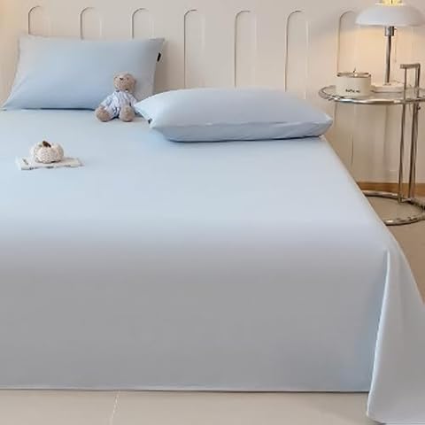FT HITA Cotton Bed Sheet, 100% Cotton 94.4 inch x 98.4 inch, White Breathable Sheets Bed Linen Twin Size, Oversized Waffle Bed Sheet, Blue Cover
