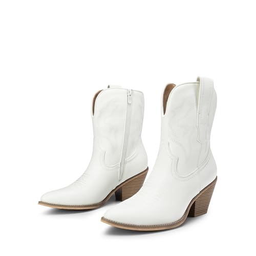 DREAM PAIRS Women's Cowboy Ankle Boots Western Booties Low Heel Pointed Toe Cowgirl Boots,Size 9,White-Embroidery,SDAB2302W