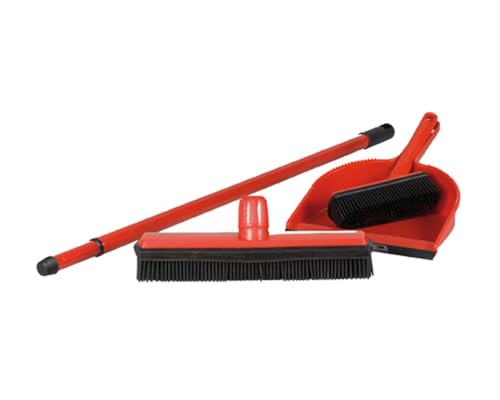 BawiTec Gummibesen Noppenbesen Friseurbesen-Set Kehrgarnitur Teleskopstiel Stiel Handfeger Kehrschaufel Tierhaare Besen Kunststoffbesen Tierhaarbesen Teppichbesen Farbe rot Kunststoff Gummi – Bild 5