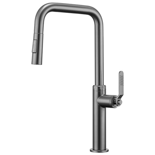 プルダウンスプレー付きキッチン蛇口、真鍮360°回転プルアウトキッチンシンク蛇口、2つのスプレーモード、シングルハンドルホットおよびコールドキッチンミキサータップ、シングルホールデッキマウント、クロム(Gun gray)