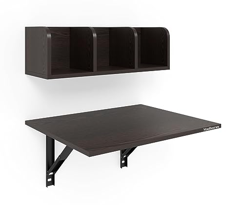 Image of Madhuran Engineered Wood Wall Mounted Laptop Study Table Desk with Books Storage Corner Shelf (Matte Wenge) Office Kitchen Students Reading Working Desk Organizer Work Home