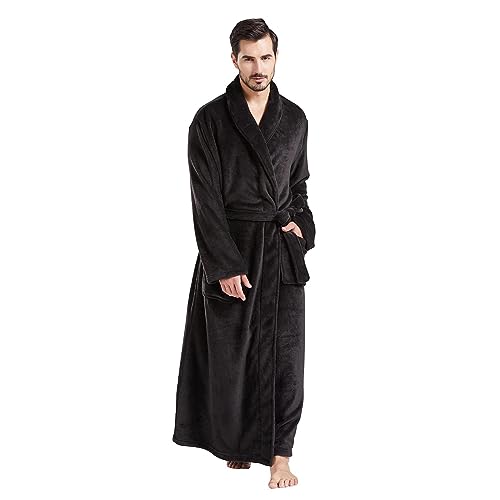 Image of FashGudim Mens Robes Big and Tall Full Length Plush Fleece Long Robe for Men Bathrobe Shawl Collar Warm Winter House Robes