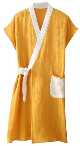 Maeau パジャマ ガーゼ バスローブ 綿100% 薄手 マタニティ 妊婦服 吸水 速乾 ポケット付き 産前産後 プレゼント イエロー 2XL