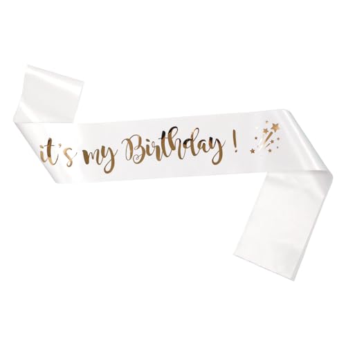Birthday Sash for Women Black and Gold Glitter Personalised Sash Reusable Satin Ribbon Party Accessory for Birthday Celebrations Gifts and Decor White