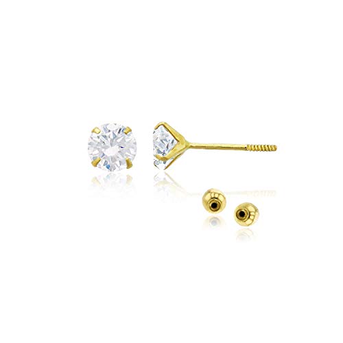 Solid 14k Yellow Gold Hypoallergenic Round Cubic Zirconia Cubic Zirconia Solitaire Stud Earrings For girls With Secure Ball Screw Backs For Women, 4mm