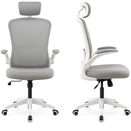 Cadeira de Escritório Ergonômica Giratória, Malha Respirável, Estofado Mesh.Tipo Presidente Confortável, Mecanismo de Elevação a gás, Rodinhas silenciosas. Branca e Cinza | HYATTO OFFICE |