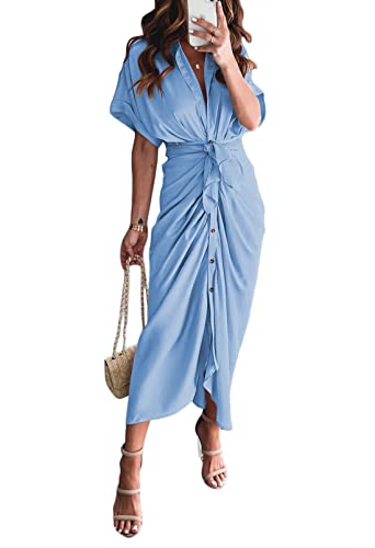 Image of Linsery Long Dress Women Elegant Satin Short Sleeve Button Belted Shirt Work Dress Light Blue L