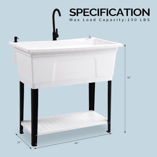 Image of Vingli 37-Gallon Freestanding Utility Sink with Faucet, 36 inch Heightened Basin for Laundry, Garage, Outdoor Garden, Pet Wash, Heavy Duty Plastic Laundry Tub with Storage Shelf, 40 inchLx24 inchWx36 inchH, White
