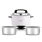 Pigeon by Stovekraft Joy Rice Cooker with Double pot, 1 litres. (White) | Toughened Glass Lid | 400 Watts | 2 Aluminium Cooking Pots | Measuring Cup| Spatula | Energy Efficient Cooking