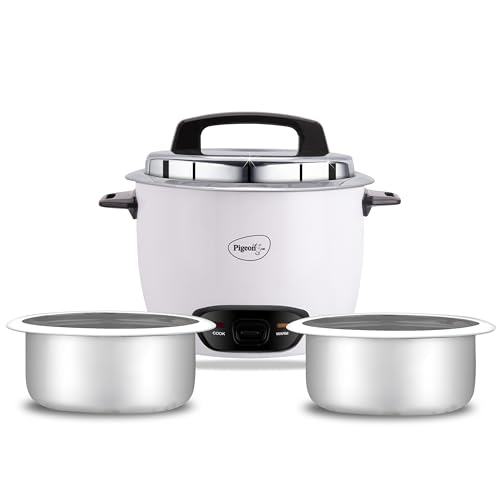 Pigeon by Stovekraft Joy Rice Cooker with Double pot, 1 litres. (White) | Toughened Glass Lid | 400 Watts | 2 Aluminium Cooking Pots | Measuring Cup| Spatula | Energy Efficient Cooking