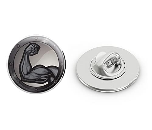 Bicep Flexing Muscle ON Shield ICON Grey Black White Round Metal 0.75