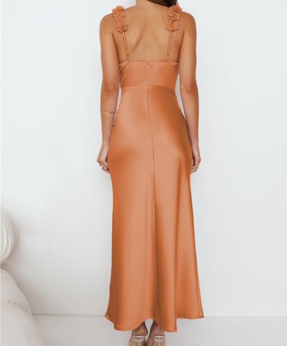 Image of Phicia Summer Satin Spaghetti Strap V Neck Midi Dresses for Women Wedding Guest Elegant Flower Backless Cocktail Formal Dress
