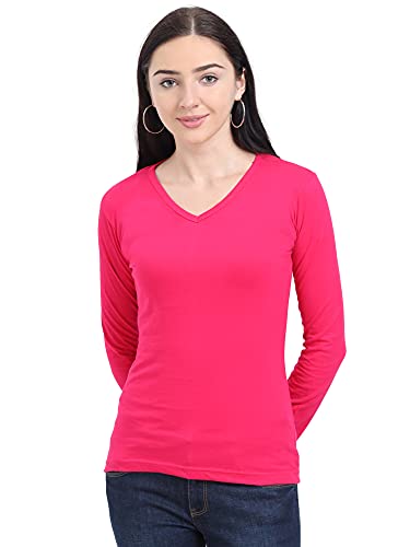 Image of FLEXIMAA Women's Cotton Plain V Neck Full Sleeve T-Shirt