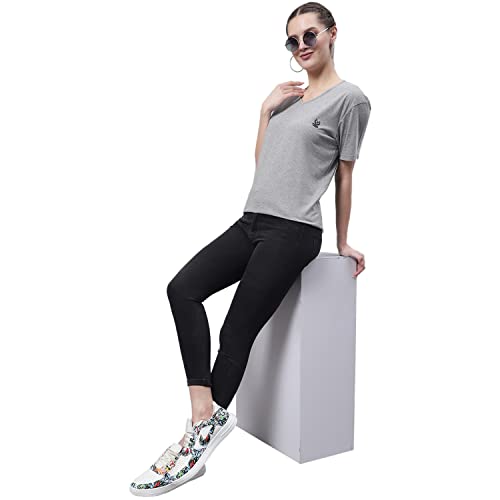 Image of Mack Jonney Women V Neck Cotton Solid Regular Fit T-Shirt-V Anthraa 001-P