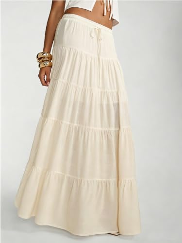 Image of Women's Boho Maxi Skirt Ruffle Flowy Low Rise A Line Beach Long Skirts | Flared Ruffle, Elastic Waist, Summer Vacation Skirts
