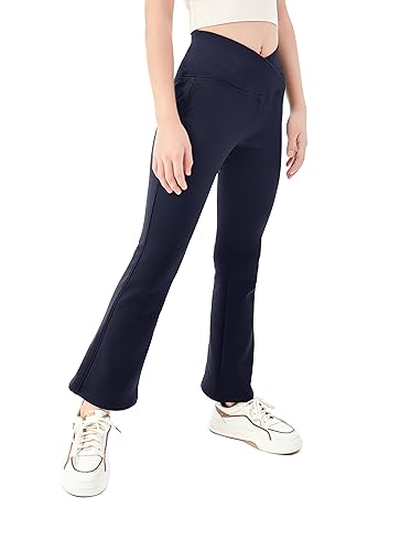 IRELIA Winter Girls Fleece Lined Leggings Cross Waisted Flare Yoga Pants Full Length Bell Bottoms