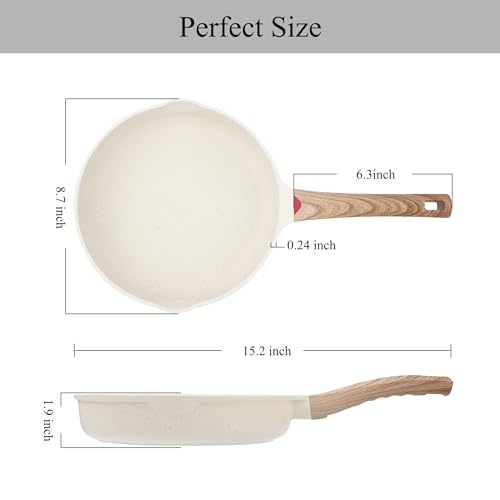 Image of Vinchef 8 Inch White Nonstick Skillet, French Cream Shallow Fry Pan, Induction Compatible, Scratch-Resistant Ceramic Coating
