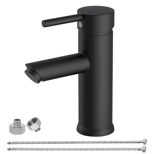 BATHLAVISH Wasserhahn Bad Schwarz Matt, Messing-Waschbecken Armaturen, Einhebelmischer Waschbecken für Bad, Gäste-WC, Mischbatterie Waschbecken mit Schläuche 90 mm Auslaufhöhe