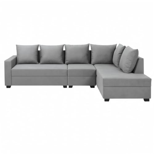 Image of FURNY Gloria 6 Seater Fabric RHS L Shape Sofa Set (Light Grey) Premium Velvet Finish | Durable Comfort | Ideal for Living Room