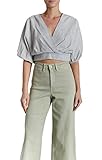 O A T New York Womens Contemporary Cropped Wrap Top, Comfortable & Designer Clothing Shirt, Green Stripe, Large