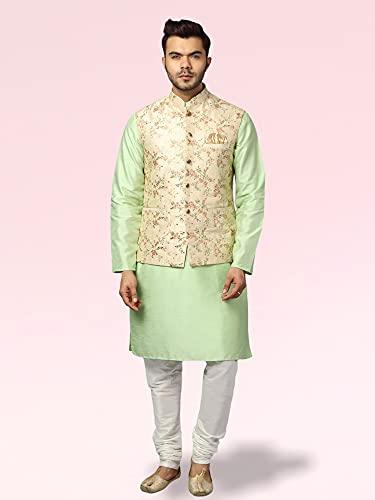 Image of Uri and MacKenzie Men's Silk Blend Regular Kurta Churidar Pyjama with Bundi Nehru Jacket /Waistcoat