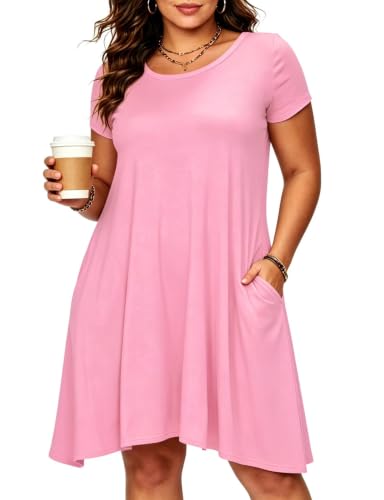 Image of Afibi Womens Short Sleeve Loose Pockets Dress Casual Swing T-Shirt Dresses