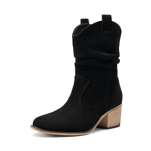 DREAM PAIRS Women's Modern Western Cowboy Boots, Mid Calf Round toe Chunky Heel Cowgirl Country Ankle Boots with Pull On Tabs,Size 11,Black-Suede,SDMB2408W