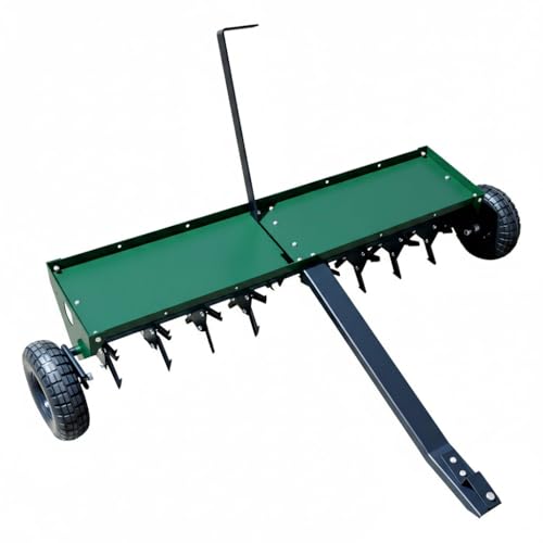 GarveeLife 48 in Tow Behind Core Aerator for Lawn, Heavy Duty Pull Behind Plug Aerator with Universal Hitch, 3 in Spikes & Inflatable Wheels for Grass Yard Clay Soil, Green