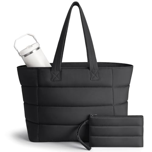 PASMAN Puffer Tote Bag with Pouch Womens Lightweight Quilted Shoulder Bag 15.6/17.3 Laptop Travel Weekender for Work & Nurses