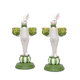 Easter Bunny Candle Holders Set of 2, Hand-Painted Rabbit Figurines Home Decor, Easter Taper Candlestick Holders Centerpiece, Vintage Resin Home Decorations for Dining Room Table, Spring Gift