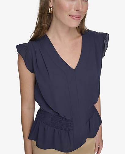 Tommy Hilfiger Women's Suits Cap Sleeve Smocked Shirt, Ivory/Midnight, XL - image 2