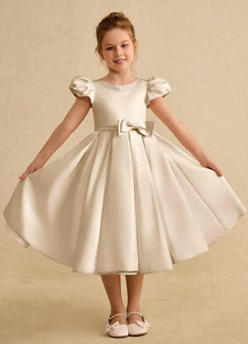 Pageant Princess Beaded Satin Flower Girl Dress Tea-Length Puff Sleeves Junior Bridesmaid Dresses with Bows4