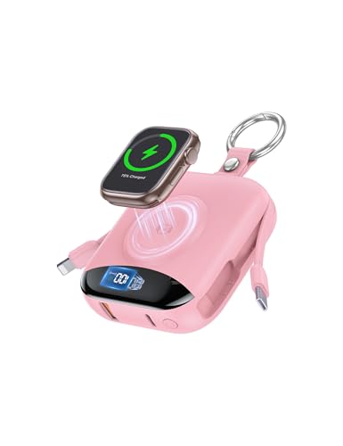 citicr Portable Charger, 10000mAh 22.5W Fast Charging Power Bank with Built-in Cables, Travel Battery Pack with LED Display for iPhone, Portable iWatch Charger for 11/10/9/8/7/6/5/4/SE/Ultra Pink