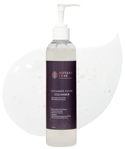 Botana Luxe Cucumber Facial Cleanser. Sulfate Free. Skin Brightening, Gentle Facial Cleanser For Acne Prone, Aging Or Sensitive Skin. Pore Cleansing. Skin Barrier Protecting. Non-Abrasive. Foaming Gel Cleanser For Teens And Adults. Hydrating Cucumber. Niacinamide (Vitamin B3) To Reduce Appearance Of Fine Lines, Wrinkles, Dark Spots & Redness. Natural White Willow Bark Extract Gently Exfoliates & Soothes. Removes Dirt, Oil And Makeup Effectively Without Harsh Detergents (8 Oz) #TOP5