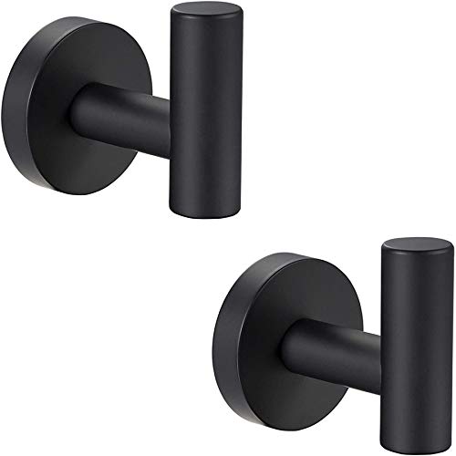 QNIIAED Bathroom Towel Hook, 2 Pack Back of Door Hooks Screw in Metal Stainless Steel Hanger for Coat,Robe,Clothes (Matte Black)