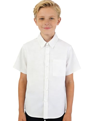 ROSEGIN Boys Short Sleeve Button Down Shirt - Wrinkle Free Oxford Dress Shirts for Kids School Uniform & Casual (6-14Y) White 12 Years