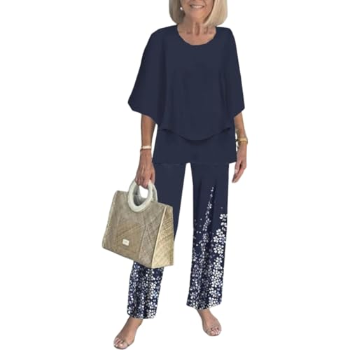 LOZ Women's 2 Piece Outfits Navy Blue 3/4 Sleeve Double