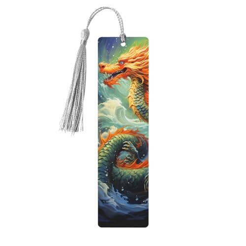 中国のドラゴン 油絵 木製 しおり 男性 女性 読書用 木製 しおり ユニークなハンドメイド ブックマーク タッセル付きペンダント クラフトブックマーク ブック愛好家 誕生日 先生へのギフトに