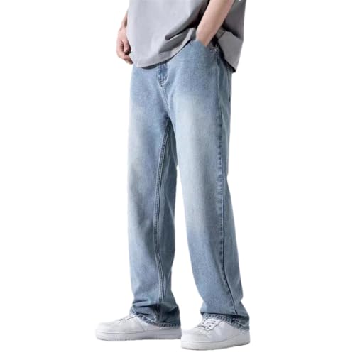Men's Spring Fall Loose Fit Denim Jeans Straight Wide Leg Casual Pants with Elastic Waistband