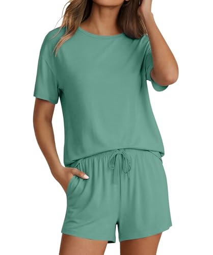 Image of Ekouaer Pajama Set for Women Viscose from Bamboo Short Sleeve Tops and Shorts Set 2 Piece Lounge Set