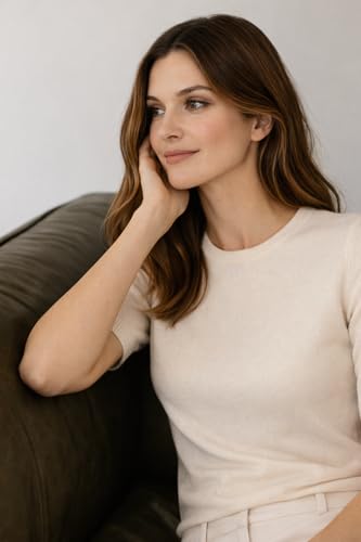 Image of State Cashmere Women's Essential Short Sleeve Crewneck Sweater 100% Pure Cashmere Classic Tee Pullover