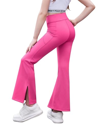 Arshiner Mädchen Schlag Leggings V-line Taille Kinder Komfort Flare Bootcut Weichheit Schlaghosen Geschlitzt Sport Glockenhose Freizeit Yoga Leggings für Mädchen 13-14 Jahre Rosa