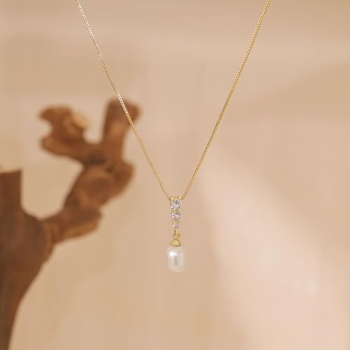 Ewrkbr Pearl Necklaces for Women, 14K Gold Plated CZ Single Pearl Pendant Necklace Dainty Gold Necklaces for Women Trendy Classic Bridal Wedding Necklace Fashion Gold Jewelry4