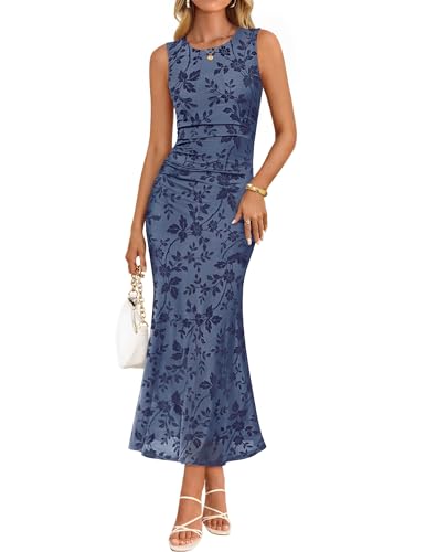 ZESICA Women's Sleeveless Floral Bodycon Maxi Dress 2026 Summer Ruched Mesh Wedding Guest Cocktail Party Dresses Dustyblue Medium