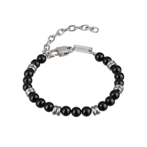 Breil, Collezione Wise, Bracciale Uomo in Acciaio Satinato e Onice Nero, Accessorio Moderno ed Elegante, Lunghezza Regolabile 17-22 cm, Nero...