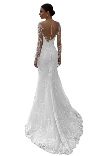 Wedding Dresses for Bride Mermaid Long Sleeves Lace Appliques V-Neck Backless Boho Bridal Gowns