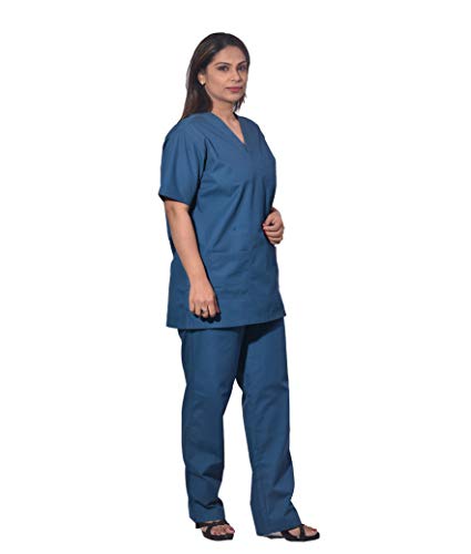 Image of UNISEX POLYESTER COTTON V-NECK SCRUB SUIT, IDEAL FOR DOCTORS & HEALTHCARE PROFESSIONALS, TRIPLE STITCH TOP WITH 3 POCKETS, BOTTOM ELASTICATED WAIST W /DRAWSTRING (XL CARIBBEAN BLUE)
