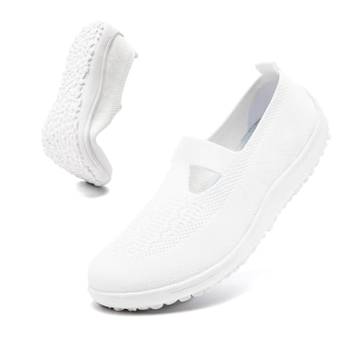 Women's Slip-On Barefoot Flats Casual Fashion Comfortable Flat Shoes for Moms Fabric Loafers with Rubber Sole Minimalist Walking Wide Toe Box Sneakers Lightweight All-Season White Size US 8