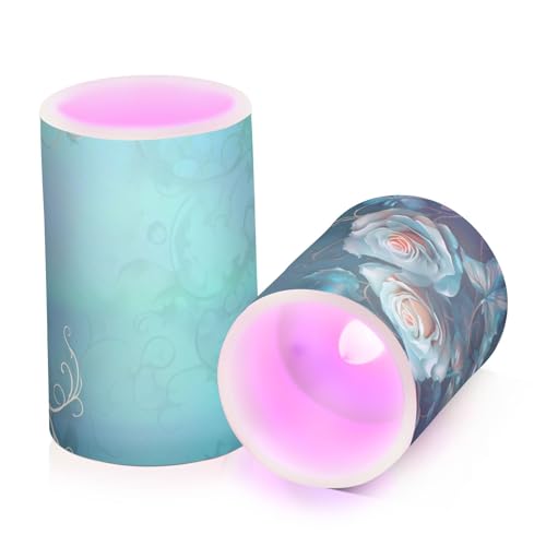Image of Teal Lights Flameless Candles Vintage Turquoise Green Roses Pillar Candles Set of 2 Battery Operated Remote Control Warm Lights Home Decor