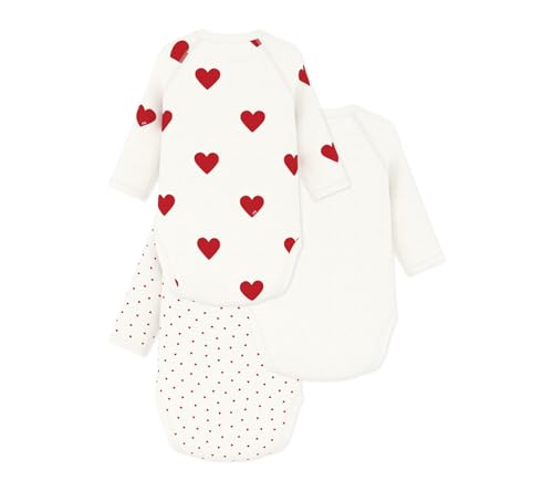 Petit Bateau Babies' Long-sleeved Wrapover Red Hearts Organic Cotton Bodysuits - 3-Pack STYLE A00AZ SIZES NB-12/M2